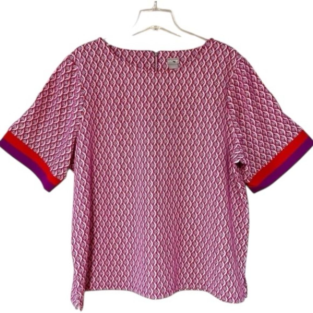 Chico’s Pink Red Purple White Print Top With Striped Short Sleeves Size 3 (XL)